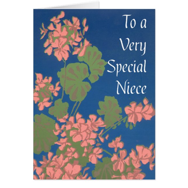 Salmon Pink Geraniums on Deep Blue for Niece (Front)