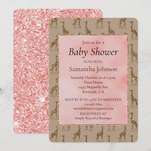 Salmon Pink Glitter Brown Giraffes Baby Shower Invitation (Front/Back)