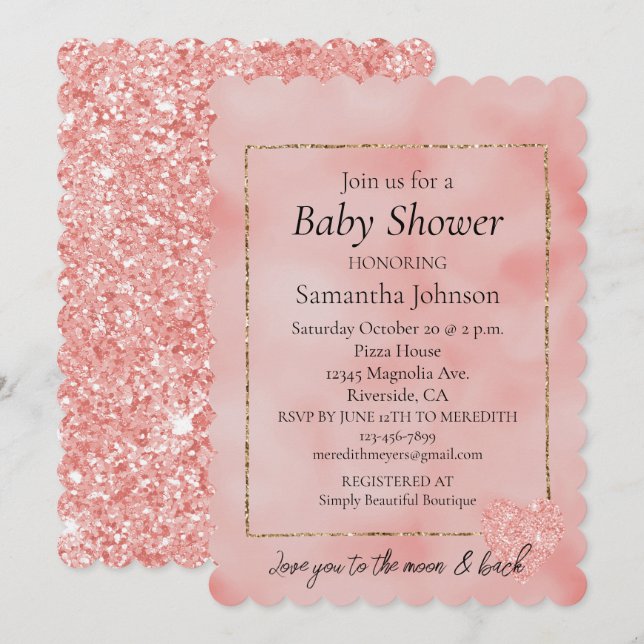 Salmon Pink Glitter Heart Love Invitation (Front/Back)