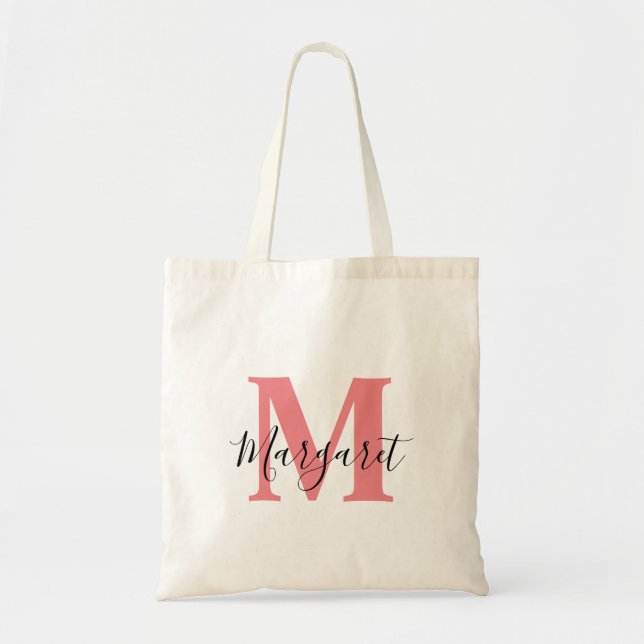 Salmon Pink Monogram Black Script Name Tote Bag (Front)