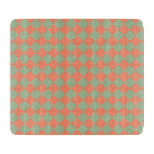 Salmon Pink Olive Green Chequered Diamond Pattern Cutting Board