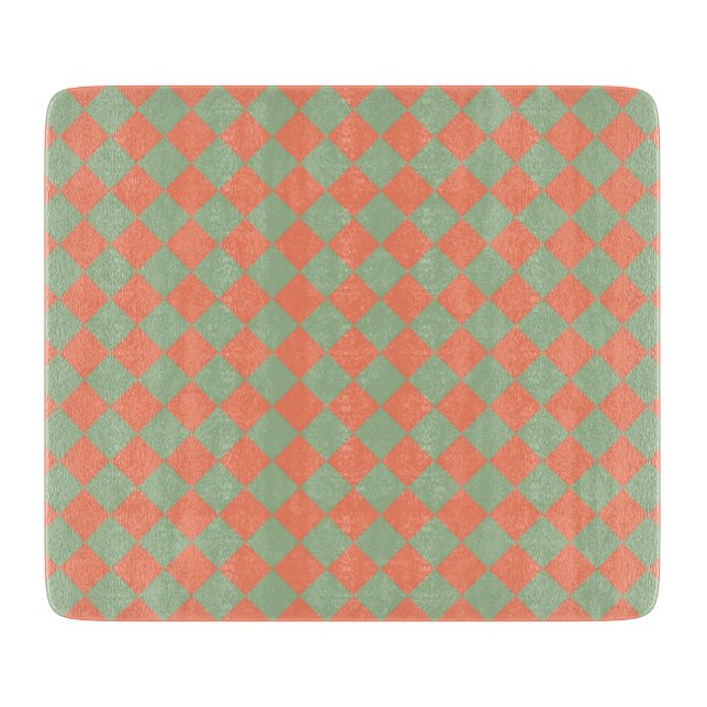 Salmon Pink Olive Green Chequered Diamond Pattern Cutting Board (Front)