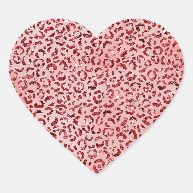 Salmon Pink Ombre Red Glitter Leopard Print  Heart Sticker (Front)