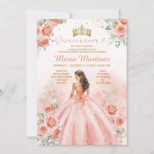 Salmon Pink Peach Princess Floral Gold Quinceañera Invitation