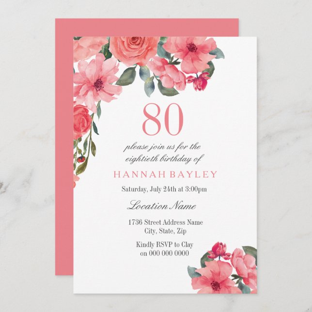 Salmon Pink & Peach Tropical 80th Birthday Invite (Front/Back)