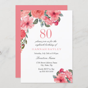 Salmon Pink & Peach Tropical 80th Birthday Invite