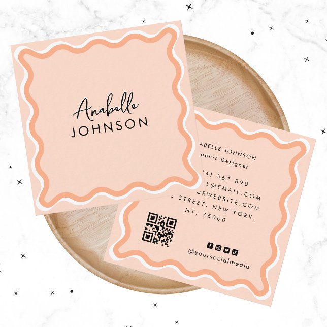 Salmon Pink Retro Wavy Frame Modern Script Name Square Business Card (Creator Uploaded)