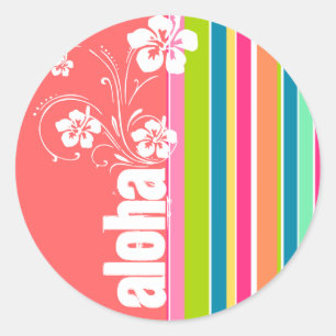 Salmon Pink & Seafoam Green Striped: Aloha Classic Round Sticker