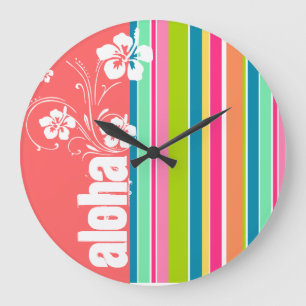 Salmon Pink & Seafoam Green Striped: Aloha Large Clock