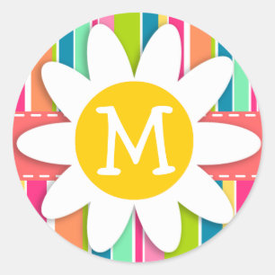 Salmon Pink & Seafoam Green Striped; Daisy Classic Round Sticker