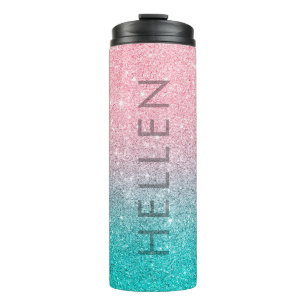 Salmon pink & turquoise glitter ombre thermal tumbler