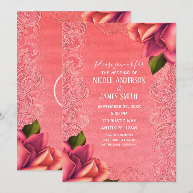 Salmon Pink Vintage Antique Rose Elegant Wedding Invitation (Front/Back)