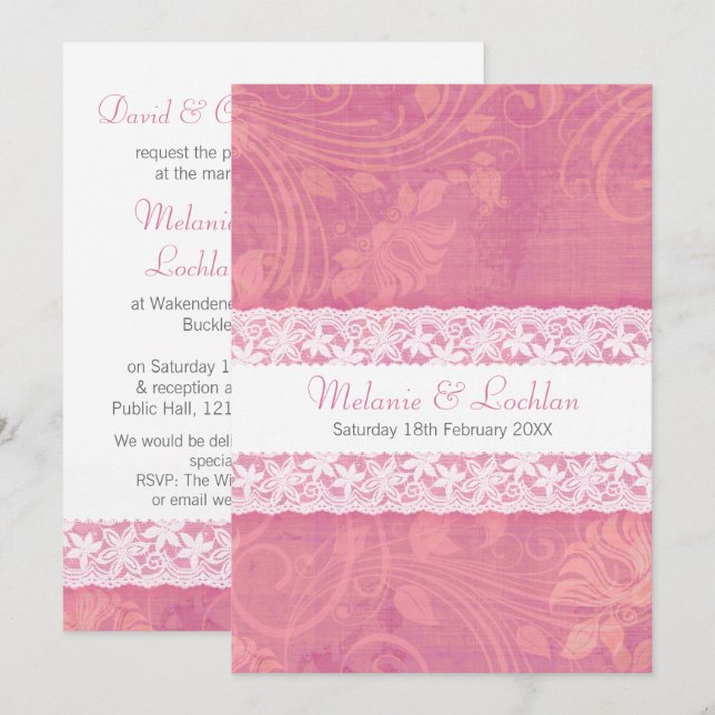 Salmon pink white lace formal wedding invitation (Front/Back)