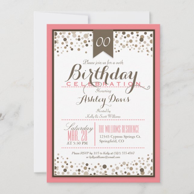 Salmon Pink, White, & Taupe Modern Birthday Party Invitation (Front)