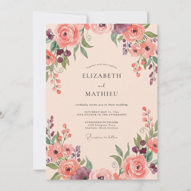 Salmon Plum Wildflower Wedding Invitation (Front)