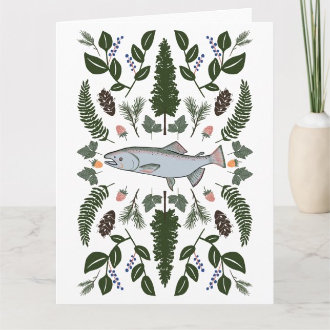 Salmon PNW Nature Fir Ferns Berries Foraging Feast Card (Front)
