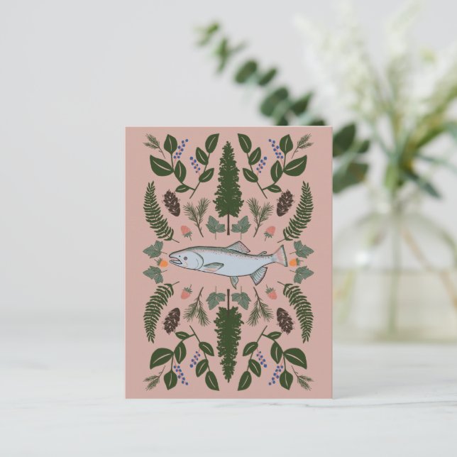 Salmon PNW Nature Fir Ferns Berries Foraging Feast Postcard (Standing Front)