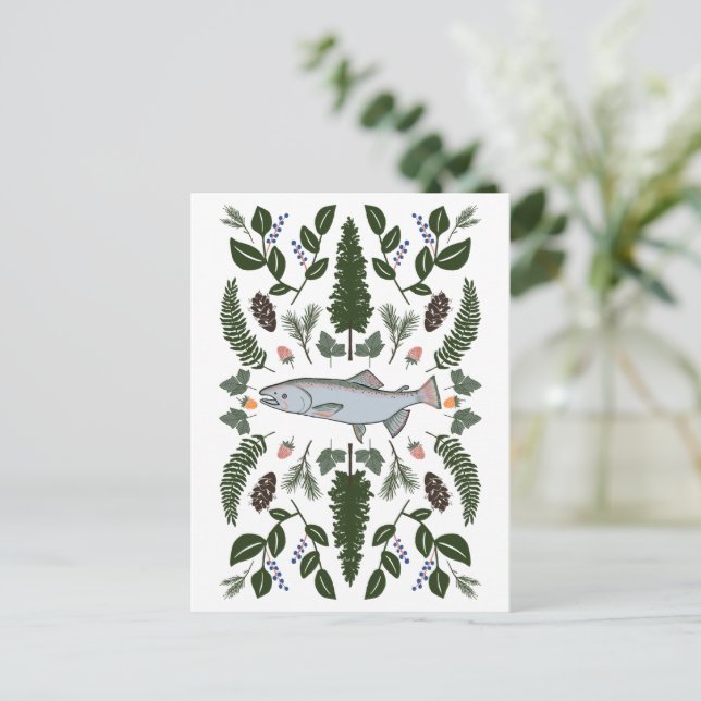 Salmon PNW Nature Fir Ferns Berries Foraging Feast Postcard (Standing Front)