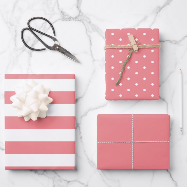 Salmon Polka Dot Wide Striped and Solid Wrapping Paper Sheet (Front)