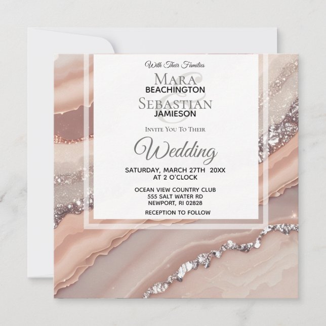 *~* Salmon QR Peach SILVER AGATE RSVP AR66 Wedding Invitation (Front)