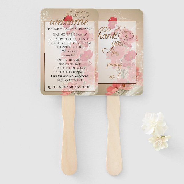 Salmon & Red Flowers/Gold Trim Hand Fan (Front and Back)