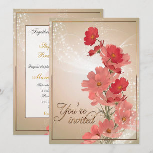 Salmon & Red Flowers/Gold Trim Invitation