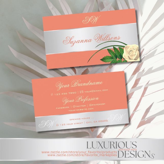 Salmon Silver Decor Cute Rose Flower with Initials Business Card (Creator Uploaded)