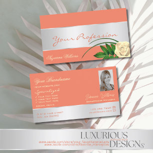 Salmon Silver Decor Cute Rose Flower with Photo Business Card
