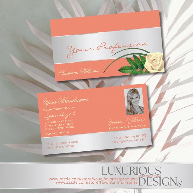 Salmon Silver Decor Cute Rose Flower with Photo Business Card (Creator Uploaded)
