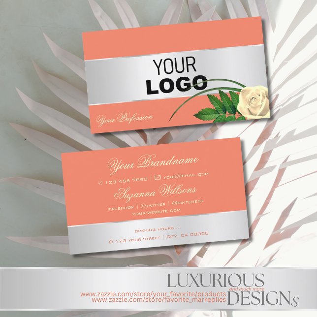 Salmon Silver Decor Gorgeous Rose Flower with Logo Business Card (Creator Uploaded)