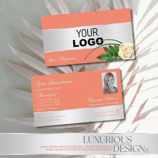 Salmon Silver Decor Rose Flower add Logo and Photo Business Card (Creator Uploaded)