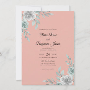 Salmon Silver Leaf Wedding Invitation