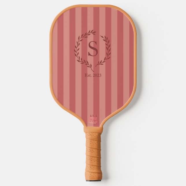 Salmon Stripes Monogram Est Year Preppy Pickleball Pickleball Paddle (Front)