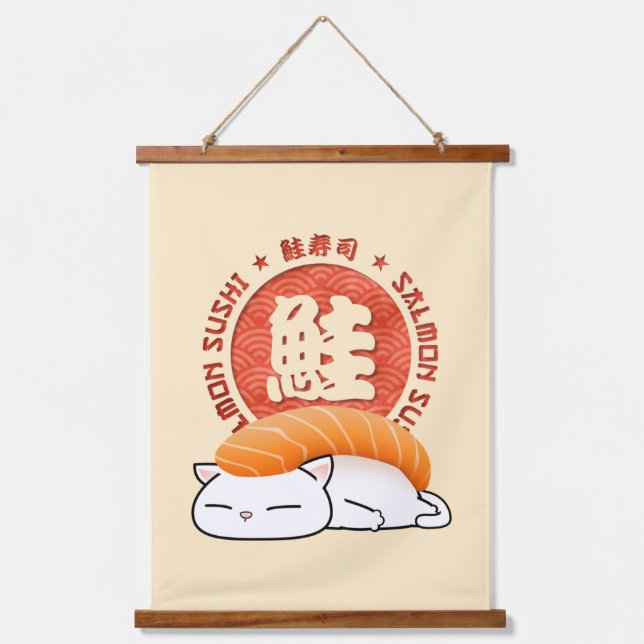 Salmon Sushi Cat Hanging Tapestry (Front)