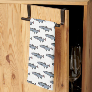 Salmon Swimming Pattern PNW Fishing Fish Tea Towel