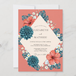 Salmon Tropical Hibiscus Eucalyptus Wedding Invitation