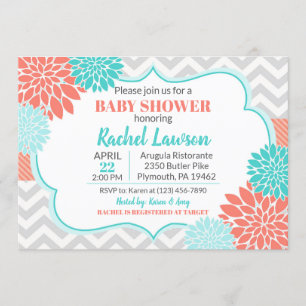 Salmon & Turquoise Blooms Floral Baby Shower Invitation