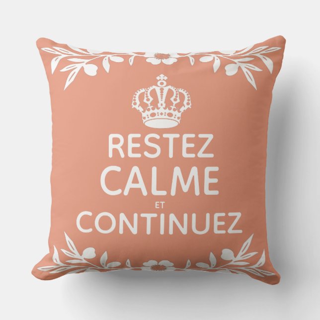 salmon white olive leaf French Keep Calm Carry On Cushion (Front)