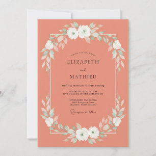 Salmon White Ranunculus Eucalyptus Wedding Invitation