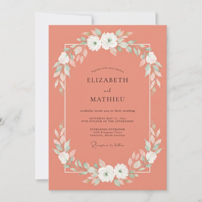 Salmon White Ranunculus Eucalyptus Wedding Invitation (Front)