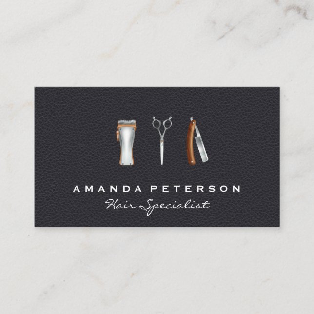 Salon and Barber Hair Tools | Black Leather Business Card (Front)