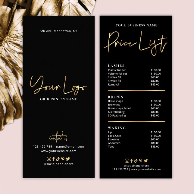Salon Black & Faux Gold Logo Modern Price List Rack Card (Creator Uploaded)