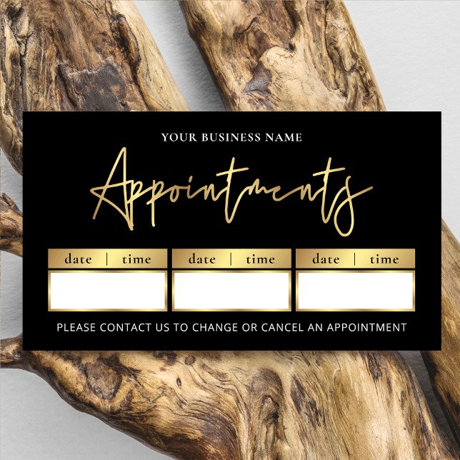 Salon Black & Gold Logo Modern Beauty or Spa Stamp Appointment Card (elegant black and faux gold appointment reminders cards with your custom logo)