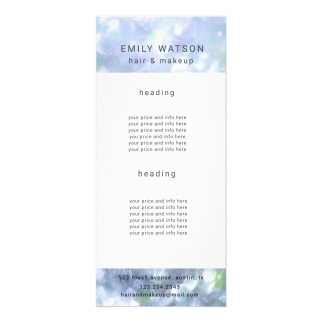 salon bokeh pastel sparkle price list rack card (Front)