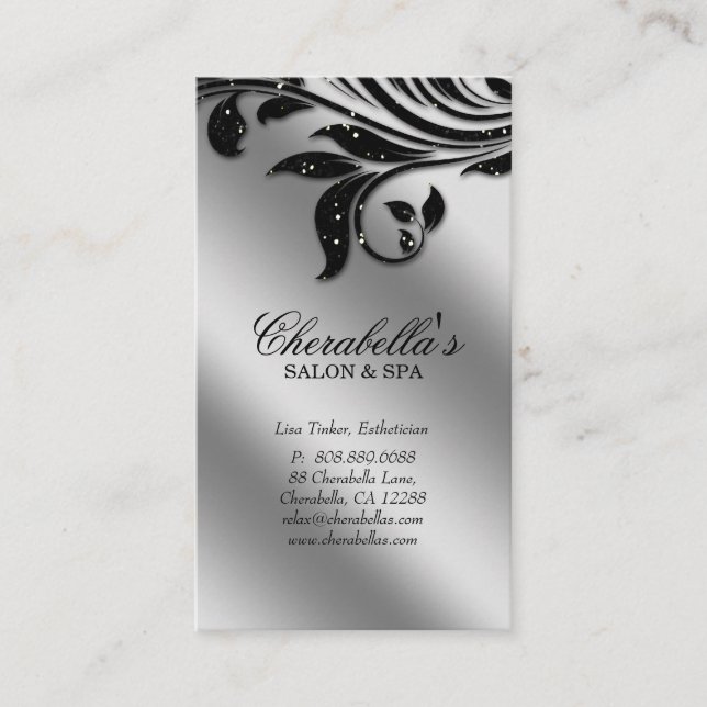 Salon Business Card Elegant Black Silver Sparkle (Front)