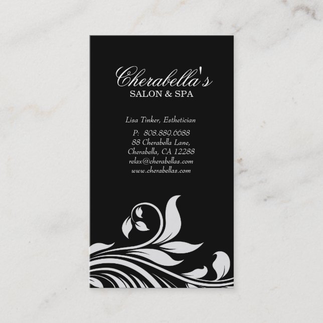 Salon Business Card Elegant Floral White Black (Front)