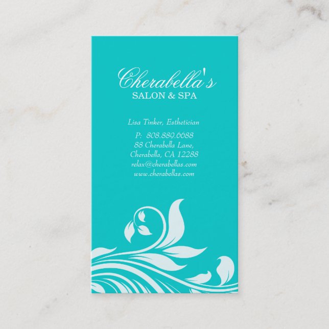 Salon Business Card Elegant Floral White Blue (Front)