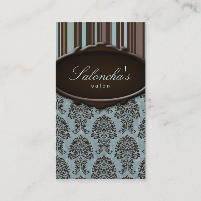 Salon Business Card spa damask stripes blue brown (Front)