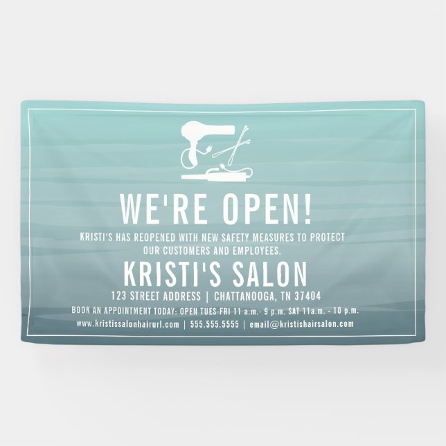 Salon Business We're Open Aqua Ombre Banner (Horizontal)