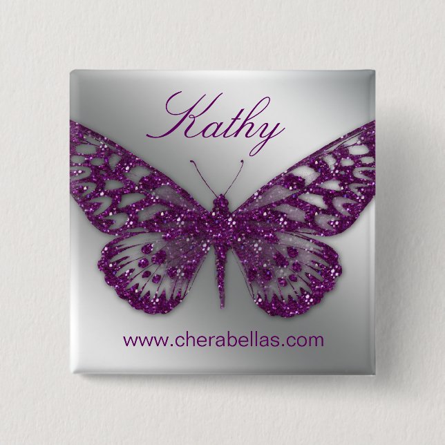 Salon Butterfly Name Tag Button Silver Purple (Front)